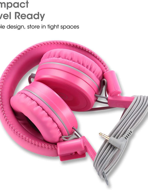 Load image into Gallery viewer, Kids Headphones K22 Foldable Stereo Tangle-Free 5Ft Long Cord 3.5Mm Jack Plugin Wired On-Ear Headset for Ipad/Amazon Kindle Fire/Girls/School/Laptop/Travel/Plane/Tablet Flamingopink
