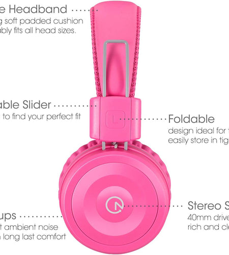 Kids Headphones K22 Foldable Stereo Tangle-Free 5Ft Long Cord 3.5Mm Jack Plugin Wired On-Ear Headset for Ipad/Amazon Kindle Fire/Girls/School/Laptop/Travel/Plane/Tablet Flamingopink