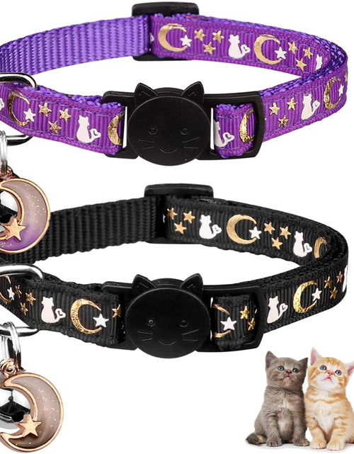 Load image into Gallery viewer, 2PCS Breakaway Cat Collars with Bell Moons Stars Cute Kitty Adjustable Safe Kitten Collars with Pendant Glow in the Dark(Black&amp;Purple)

