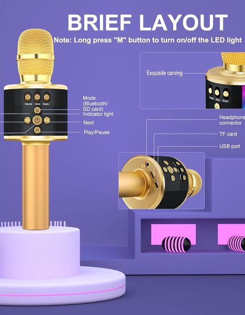 Load image into Gallery viewer, Bluetooth Wireless Karaoke Microphone with LED Lights,4-In-1 Portable Handheld Mic with Speaker Karaoke Player for Singing Home Party Toys Birthday Gift for Kids Adults Girls Q78(Gold)
