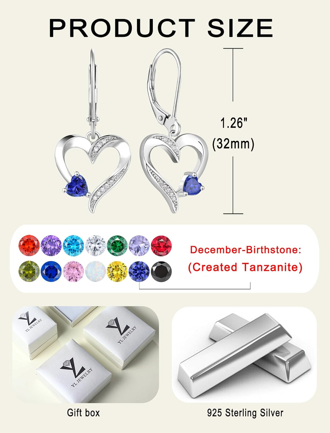 Heart Earrings Sterling Silver Heart Dangle Drop Earrings Sapphire/Emerald/Amethyst/Aquamarine Leverback Jewelry for Women