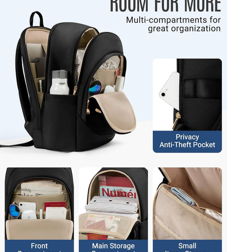 Travel Backpack for Women, 15.6 Inch anti Theft Laptop Backpack with USB Charging Hole, Water Resistant College Bookbag, Large Capacity Black Computer Backpacks for Work, Black