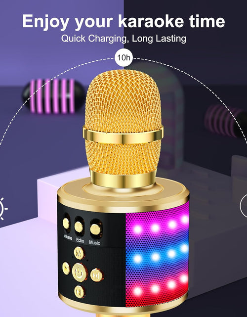 Load image into Gallery viewer, Bluetooth Wireless Karaoke Microphone with LED Lights,4-In-1 Portable Handheld Mic with Speaker Karaoke Player for Singing Home Party Toys Birthday Gift for Kids Adults Girls Q78(Gold)
