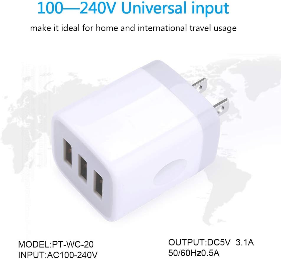 USB Wall Charger,  2Pack Wall Plug 3-Port USB Charging Station 3.1A Power Adapter Multi Port Quick Charger Block Cube for Iphone 15 14 13 12 11 Pro XS MAX 8 Plus,Ipad,Samsung Galaxy S23 S22 S21