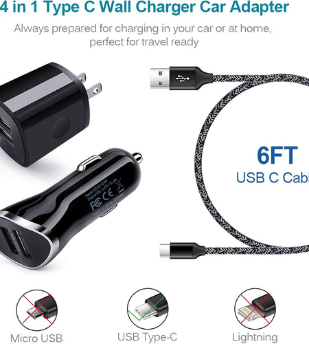 USB Type C Charger Cable for Moto Motorola G Power G Stylus Pure 2022/G7 G8 G9 plus Play One Z4 Z3 X4,Samsung S23 S22 S21 S20 S10E S10 S9 Note20 A01 A21 A50,Car Charger Wall Adapter+Fast Charging Cord